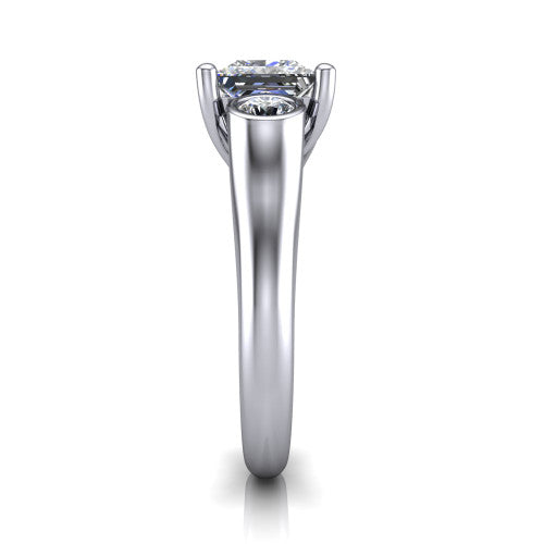 Rory princess three stone engagement ring in Platinum, side profile showing the bezel side stones and polished band