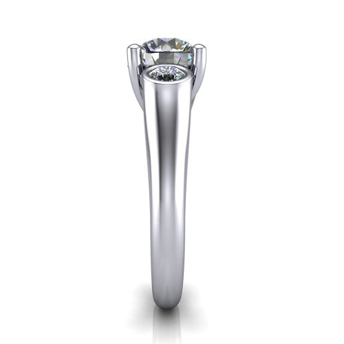 Rory round three stone engagement ring in 14K White Gold, side profile showing the bezel side stones and polished band