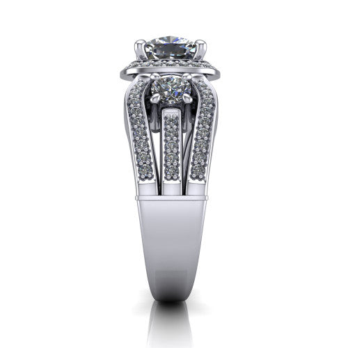Luciana cushion halo engagement ring in Platinum, side profile showing the side accents and split pave band