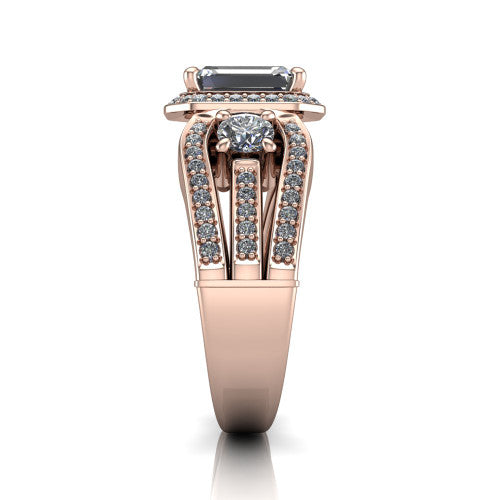 Luciana emerald halo engagement ring in 14K Rose Gold, side profile showing the side accents and split pave band