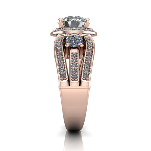 Luciana round halo engagement ring in 18K Rose Gold, side profile showing the side accents and split pave band
