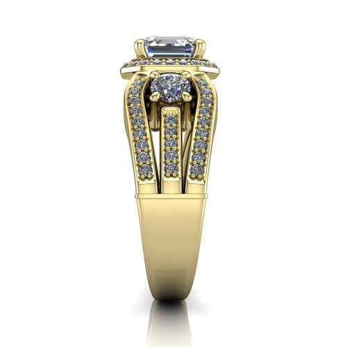 Luciana square emerald halo engagement ring in 14K Yellow Gold, side profile showing the side accents and split pave band