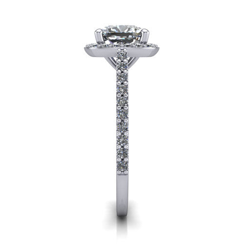 Oaklyn cushion halo engagement ring in Platinum, side profile showing the cathedral basket, pave-set shoulders, and open under-gallery
