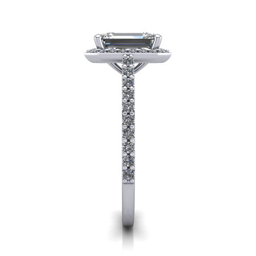 Oaklyn emerald halo engagement ring in Platinum, side profile showing the cathedral basket, pave-set shoulders, and open under-gallery