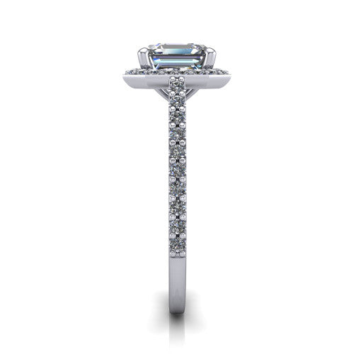 Oaklyn square emerald halo engagement ring in Platinum, side profile showing the cathedral basket, pave-set shoulders, and open under-gallery