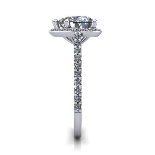 Oaklyn heart halo engagement ring in 14K White Gold, side profile showing the cathedral basket, pave-set shoulders, and open under-gallery