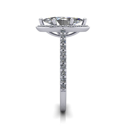 Oaklyn marquise halo engagement ring in Platinum, side profile showing the cathedral basket, pave-set shoulders, and open under-gallery
