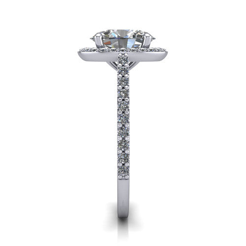 Oaklyn oval halo engagement ring in 14K White Gold, side profile showing the cathedral basket, pave-set shoulders, and open under-gallery
