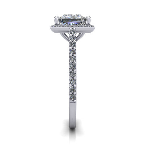 Oaklyn princess halo engagement ring in 18K White Gold, side profile showing the cathedral basket, pave-set shoulders, and open under-gallery
