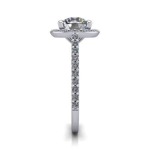 Oaklyn round halo engagement ring in 18K White Gold, side profile showing the cathedral basket, pave-set shoulders, and open under-gallery