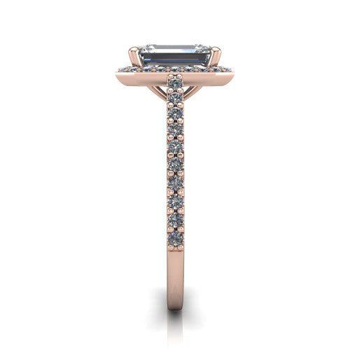 Oaklyn emerald halo engagement ring in 18K Rose Gold, side profile showing the cathedral basket, pave-set shoulders, and open under-gallery