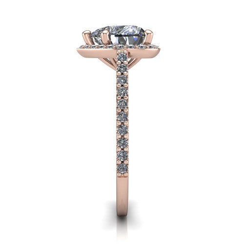 Oaklyn heart halo engagement ring in 14K Rose Gold, side profile showing the cathedral basket, pave-set shoulders, and open under-gallery