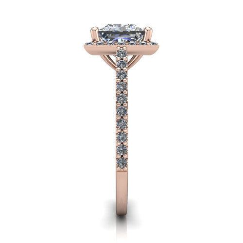 Oaklyn princess halo engagement ring in 18K Rose Gold, side profile showing the cathedral basket, pave-set shoulders, and open under-gallery