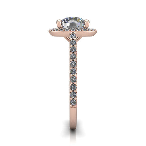 Oaklyn round halo engagement ring in 18K Rose Gold, side profile showing the cathedral basket, pave-set shoulders, and open under-gallery