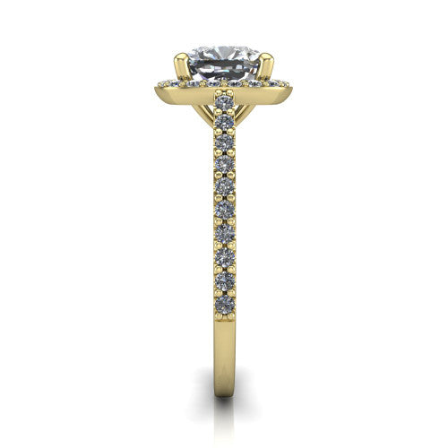Oaklyn cushion halo engagement ring in 14K Yellow Gold, side profile showing the cathedral basket, pave-set shoulders, and open under-gallery