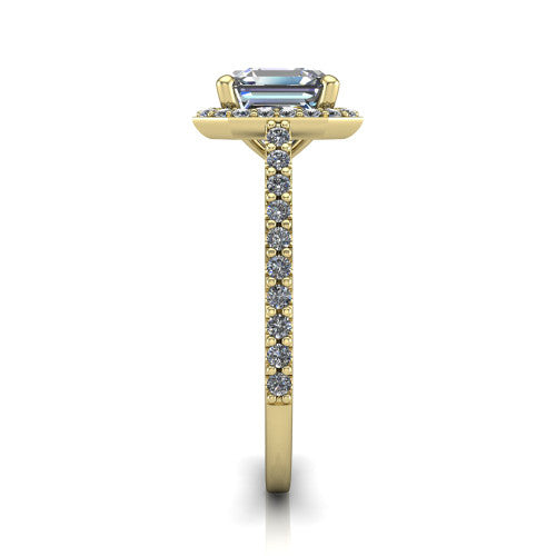 Oaklyn square emerald halo engagement ring in 14K Yellow Gold, side profile showing the cathedral basket, pave-set shoulders, and open under-gallery