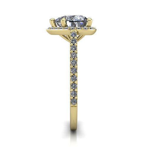 Oaklyn heart halo engagement ring in 14K Yellow Gold, side profile showing the cathedral basket, pave-set shoulders, and open under-gallery