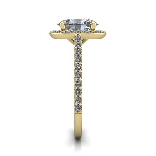 Oaklyn oval halo engagement ring in 18K Yellow Gold, side profile showing the cathedral basket, pave-set shoulders, and open under-gallery