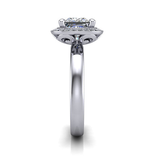 Aubree princess halo engagement ring in 18K White Gold, side profile showing the cushion halo head and smooth polished plain band