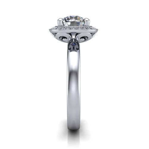 Aubree round halo engagement ring in 14K White Gold, side profile showing the cushion halo head and smooth polished plain band