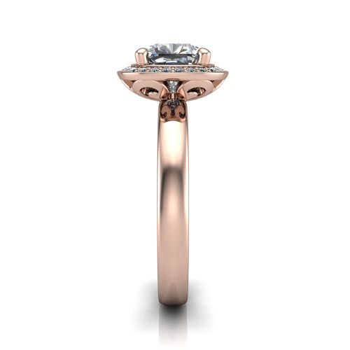 Aubree cushion halo engagement ring in 18K Rose Gold, side profile showing the cushion halo head and smooth polished plain band