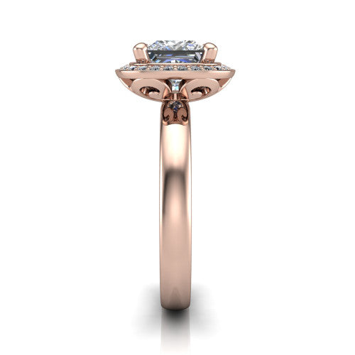 Aubree princess halo engagement ring in 18K Rose Gold, side profile showing the cushion halo head and smooth polished plain band