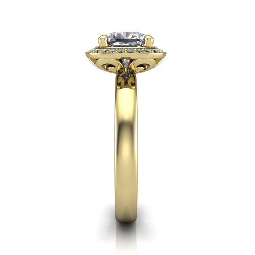 Aubree cushion halo engagement ring in 14K Yellow Gold, side profile showing the cushion halo head and smooth polished plain band