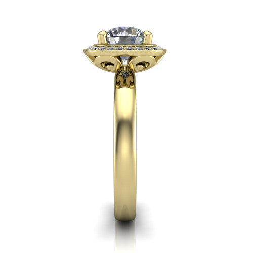 Aubree round halo engagement ring in 18K Yellow Gold, side profile showing the cushion halo head and smooth polished plain band