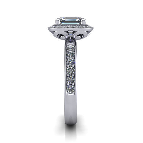 Winter square emerald halo engagement ring in 14K White Gold, side profile showing the pave halo, pave-set shoulders, and filigree scrollwork basket