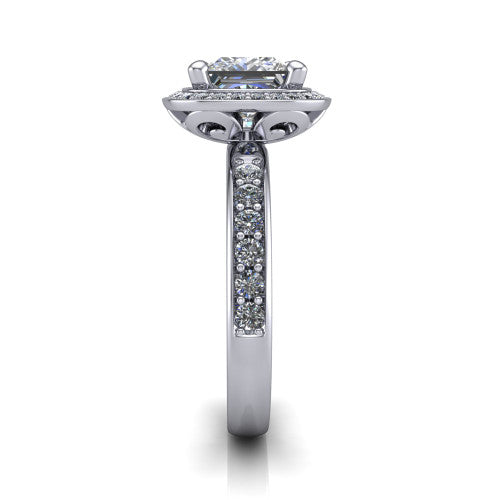 Winter princess halo engagement ring in Platinum, side profile showing the pave halo, pave-set shoulders, and filigree scrollwork basket