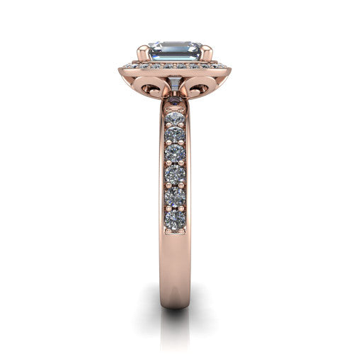 Winter square emerald halo engagement ring in 14K Rose Gold, side profile showing the pave halo, pave-set shoulders, and filigree scrollwork basket