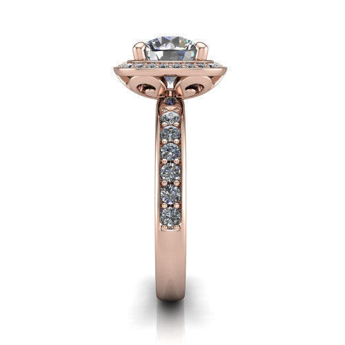 Winter round halo engagement ring in 18K Rose Gold, side profile showing the pave halo, pave-set shoulders, and filigree scrollwork basket
