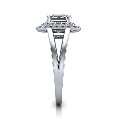 Danna square emerald double halo engagement ring in Platinum, side profile showing the double halo and split-shank band