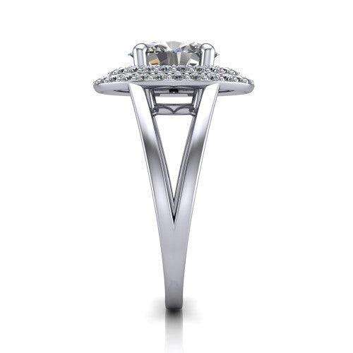 Danna oval double halo engagement ring in Platinum, side profile showing the double halo and split-shank band