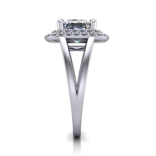 Danna princess double halo engagement ring in 14K White Gold, side profile showing the double halo and split-shank band