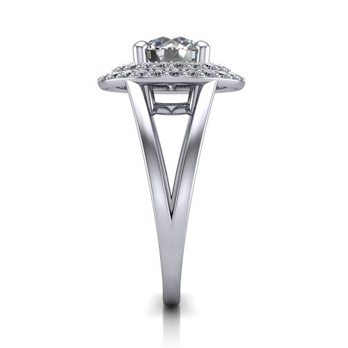 Danna round double halo engagement ring in 14K White Gold, side profile showing the double halo and split-shank band