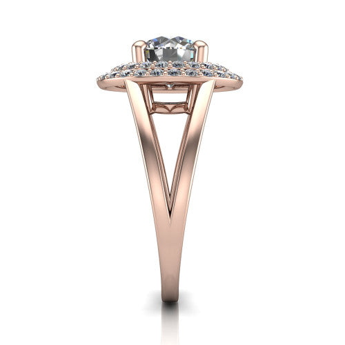 Danna round double halo engagement ring in 14K Rose Gold, side profile showing the double halo and split-shank band