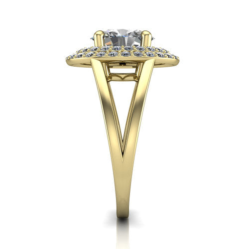 Danna oval double halo engagement ring in 14K Yellow Gold, side profile showing the double halo and split-shank band