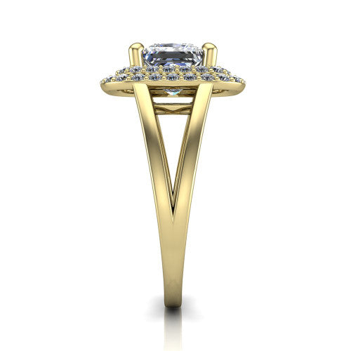 Danna princess double halo engagement ring in 14K Yellow Gold, side profile showing the double halo and split-shank band