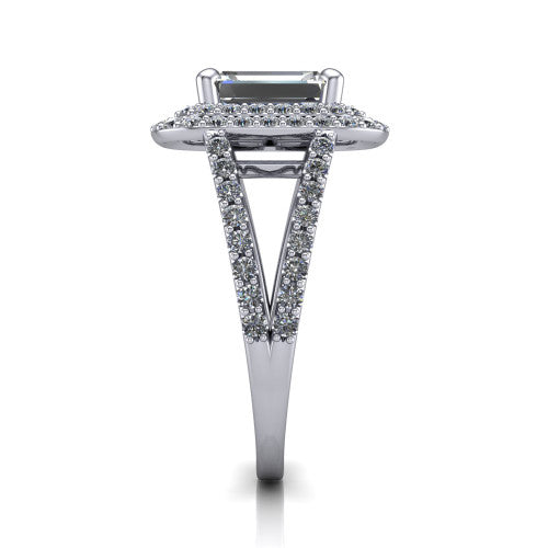 Brynn emerald double halo engagement ring in Platinum, side profile showing the double halo and split-shank band