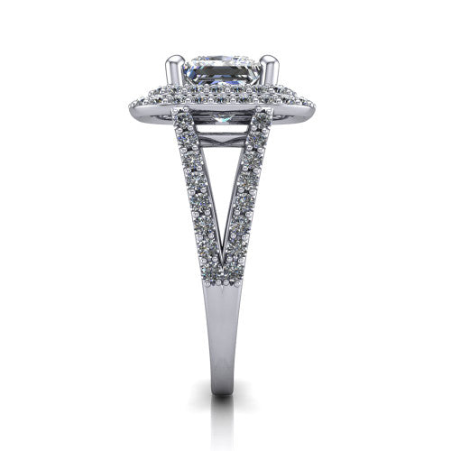Brynn princess double halo engagement ring in Platinum, side profile showing the double halo and split-shank band
