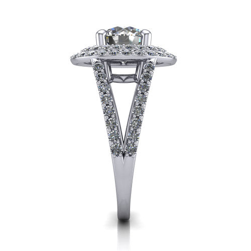 Brynn round double halo engagement ring in Platinum, side profile showing the double halo and split-shank band