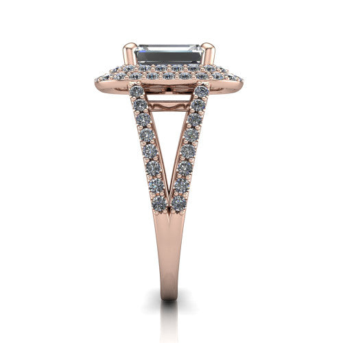 Brynn emerald double halo engagement ring in 18K Rose Gold, side profile showing the double halo and split-shank band