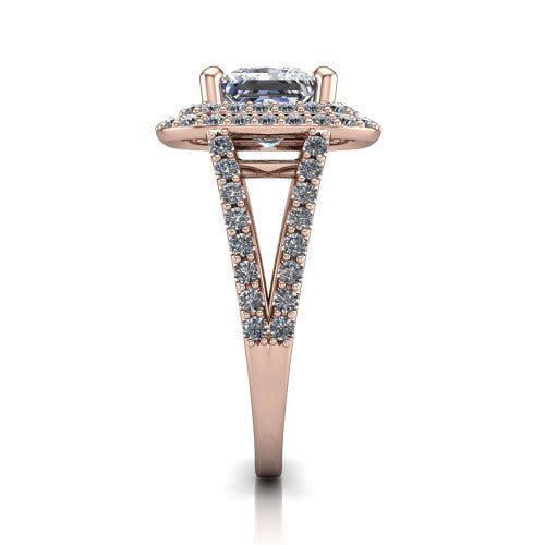 Brynn princess double halo engagement ring in 18K Rose Gold, side profile showing the double halo and split-shank band