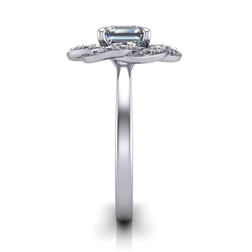 Evelynn square emerald halo engagement ring in 14K White Gold, side profile showing the woven halo and polished band