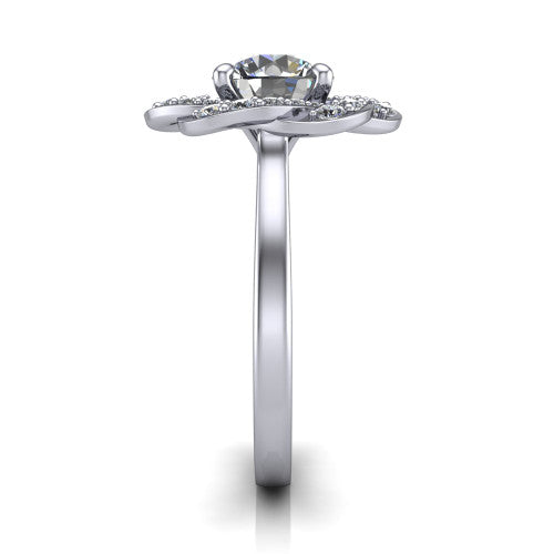 Evelynn round halo engagement ring in Platinum, side profile showing the woven halo and polished band