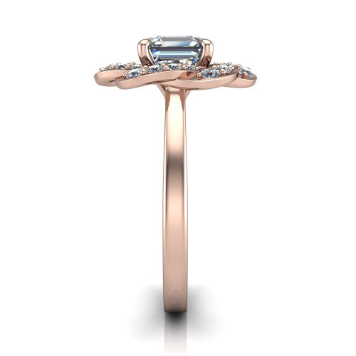 Evelynn square emerald halo engagement ring in 18K Rose Gold, side profile showing the woven halo and polished band