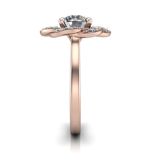 Evelynn round halo engagement ring in 14K Rose Gold, side profile showing the woven halo and polished band