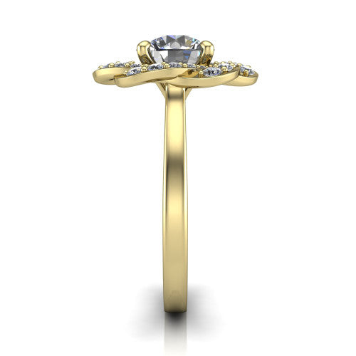 Evelynn round halo engagement ring in 14K Yellow Gold, side profile showing the woven halo and polished band