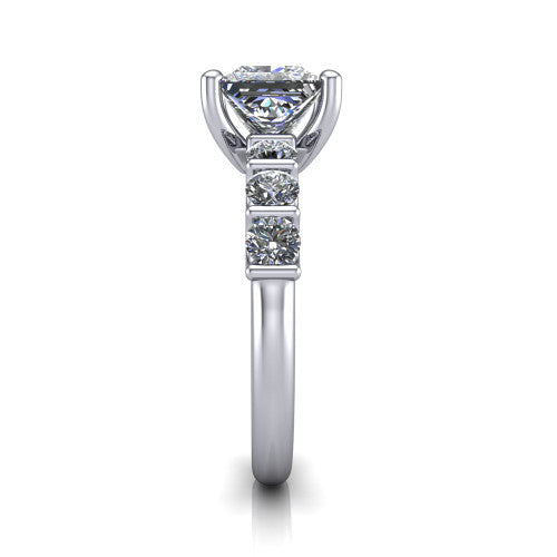 Liora princess solitaire engagement ring in 18K White Gold, side profile showing the side accents and polished band